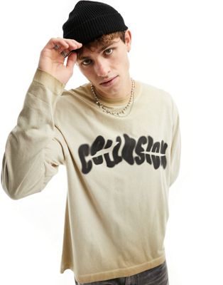 Collusion Washed Ecru Sweat With Distorted Logo Print-neutral