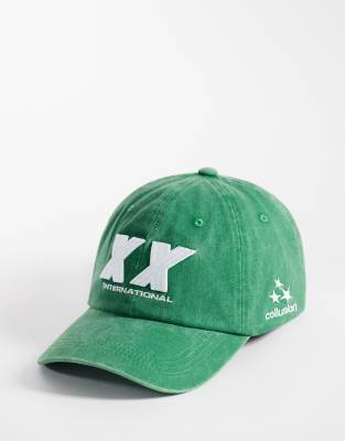 Collusion Washed Embroidered Cap In Green