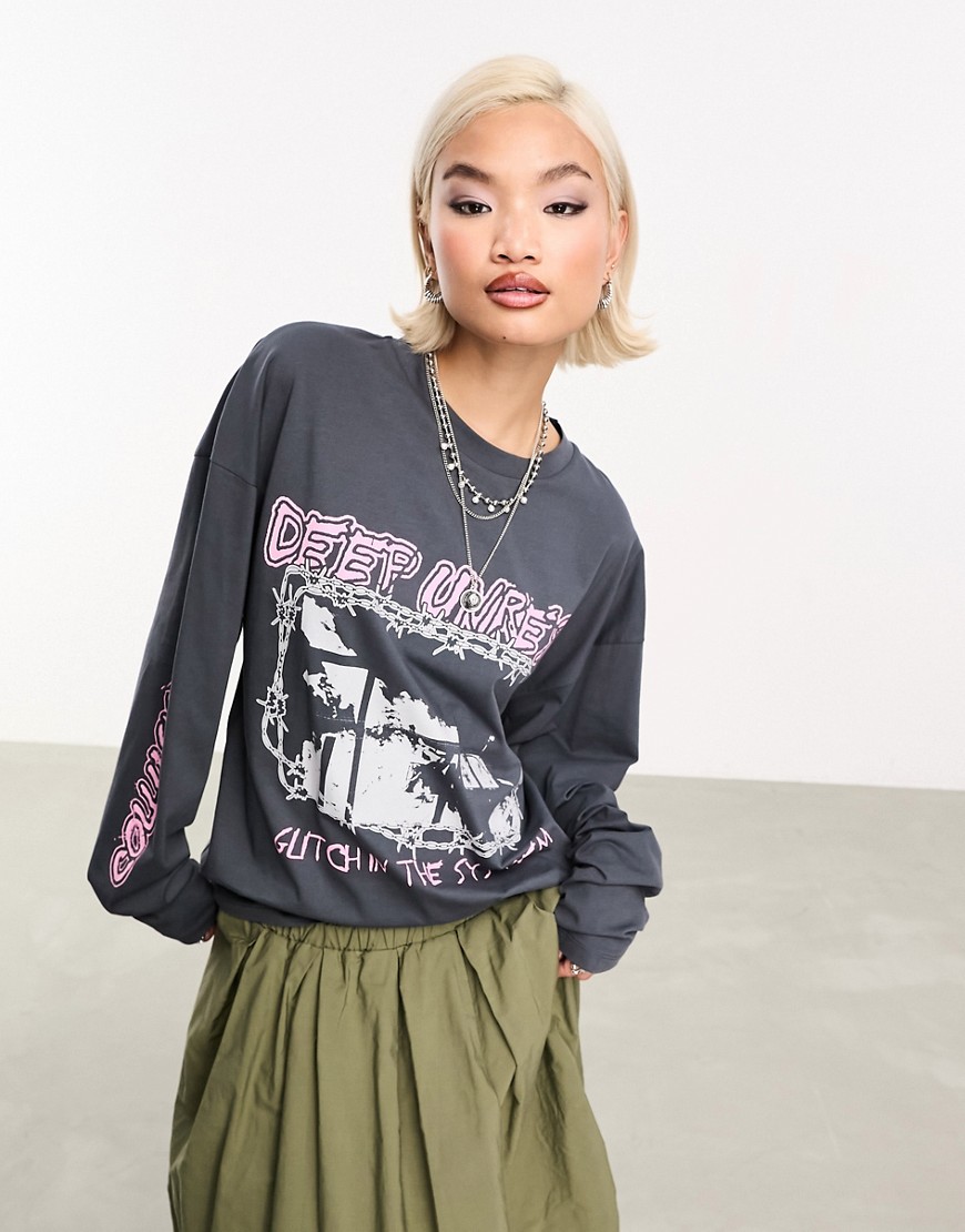 Collusion Washed Graphic Long Sleeve Oversized T-shirt In Gray