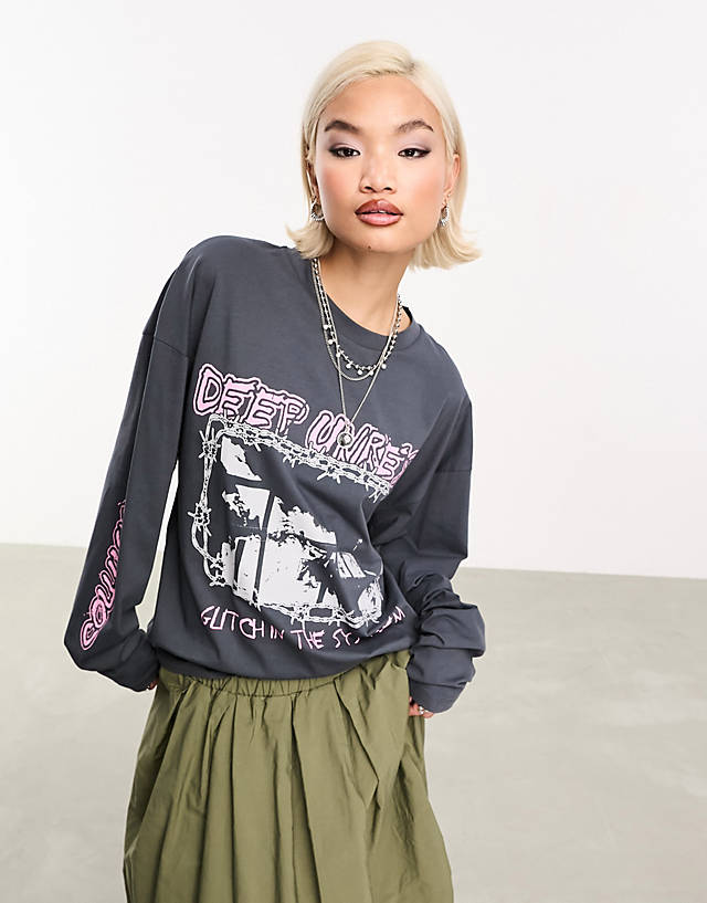 Collusion - washed graphic long sleeve oversized t-shirt in grey