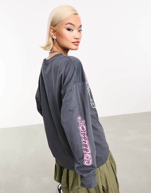 COLLUSION washed graphic long sleeve oversized t-shirt in grey