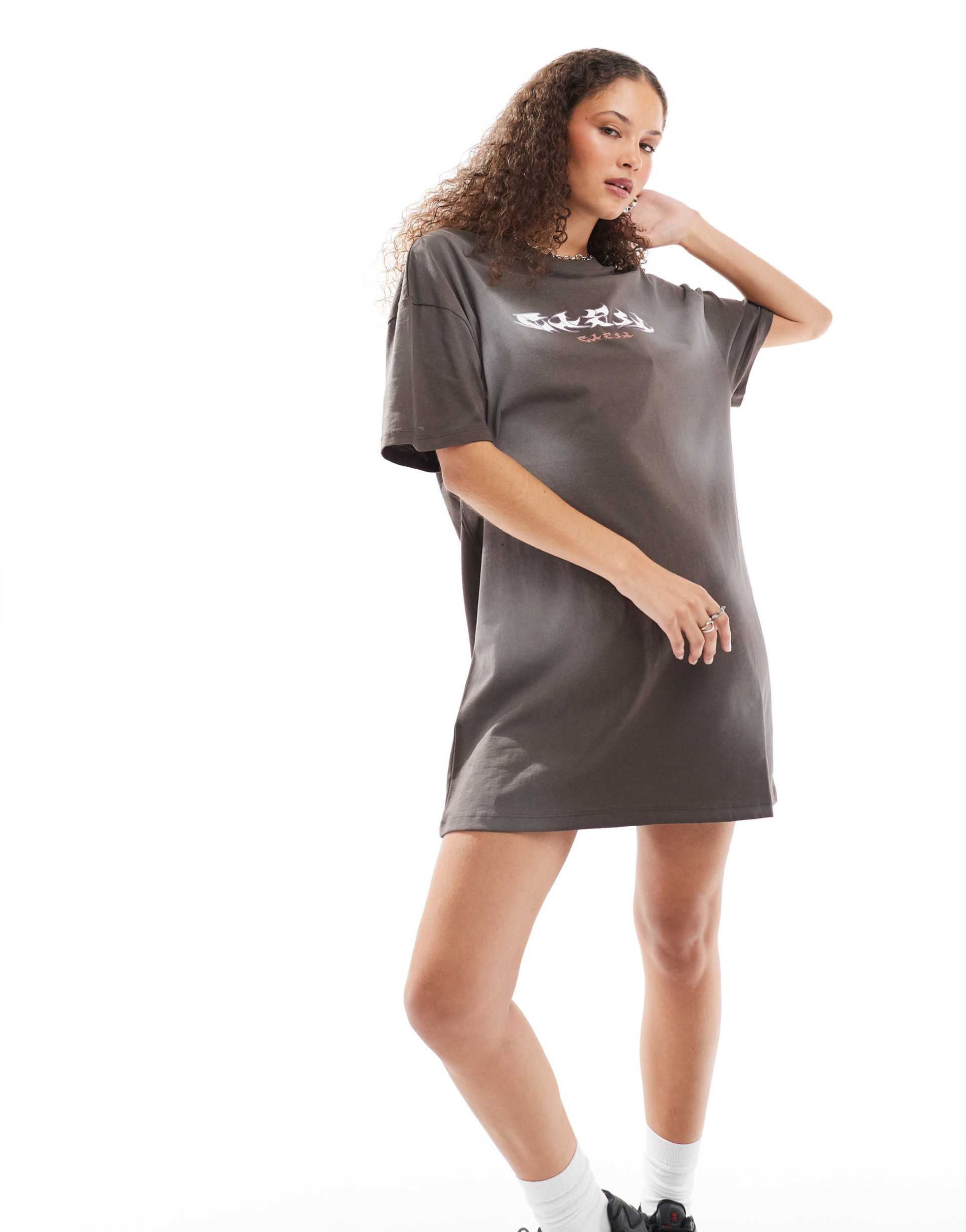 collusion washed graphic t-shirt dress in brown