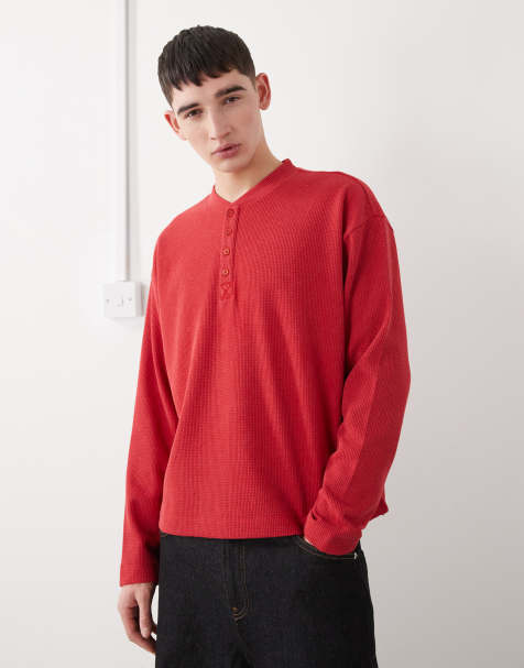COLLUSION washed heavyweight pique long sleeve boxy henley in red - view 1