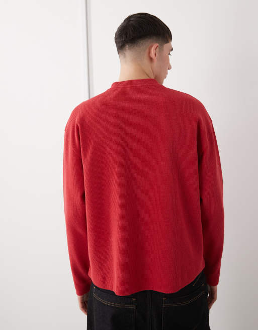 COLLUSION washed heavyweight pique long sleeve boxy oversized henley t-shirt in red, 3 of 5