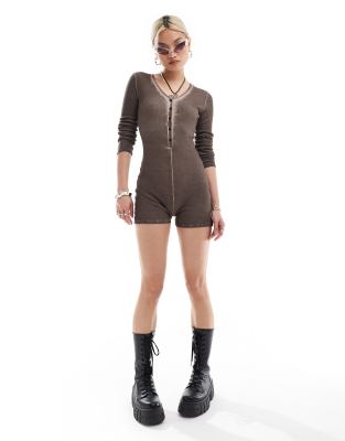 Collusion Washed Long Sleeve Romper In Brown