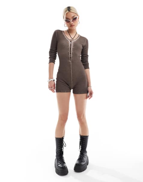 COLLUSION washed long sleeve romper in brown - view 1