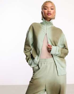 Collusion Washed Oversized Funnel Neck Sweat In Khaki-green