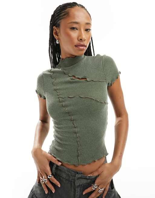 COLLUSION washed rib exposed seam cap sleeve top in green