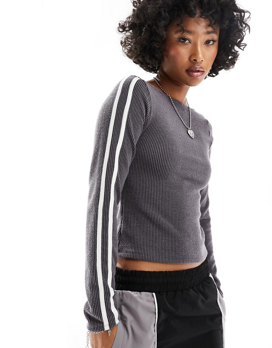 COLLUSION washed rib slash neck long sleeve stripe top in grey