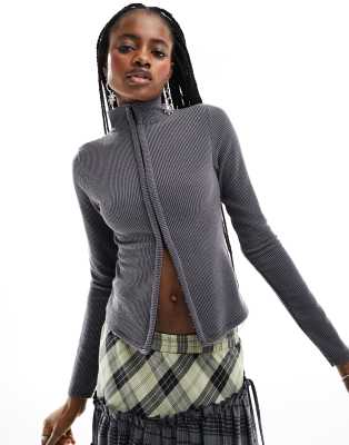 Collusion Washed Ribbed Eyelet Funnel Neck Long Sleeve Top In Gray