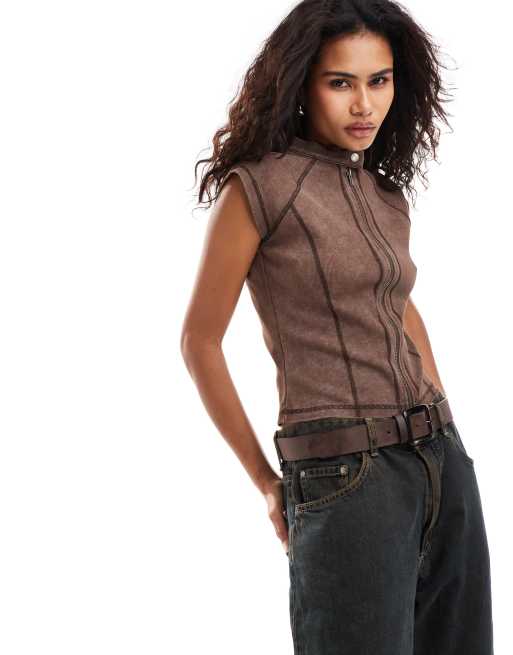 COLLUSION washed ribbed motocross zip top in brown