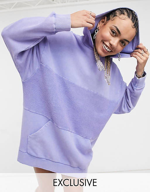 COLLUSION washed sweat dress with reverse panel and hood in purple