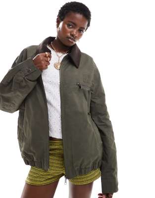 waxed jacket with cord collar in khaki-Green