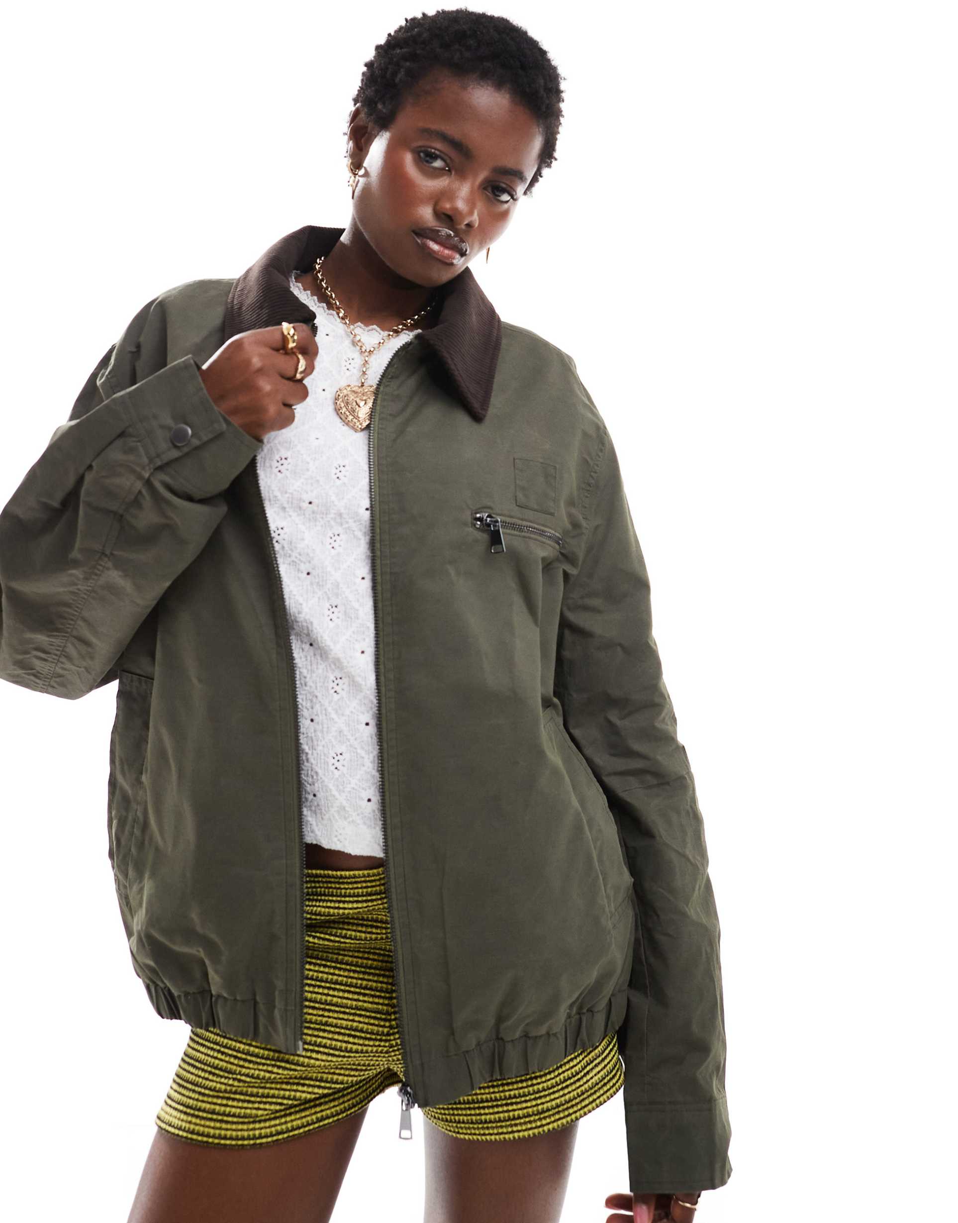 collusion waxed jacket with cord collar in khaki