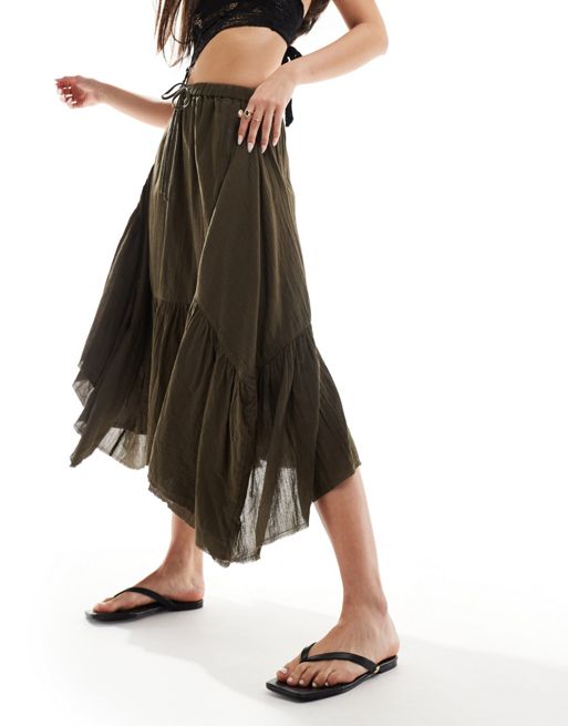 COLLUSION – Western – Asymetryczna spódnica midi w ciemnym odcieniu khaki