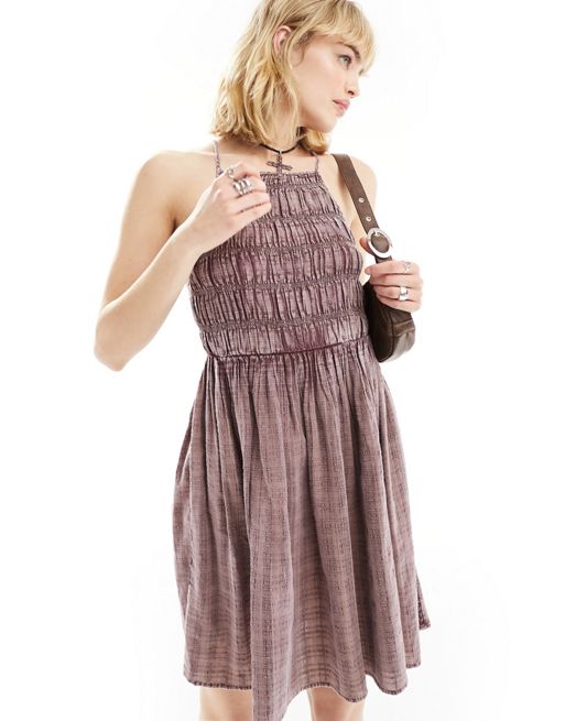 COLLUSION western shirred halter mini dress in washed pink