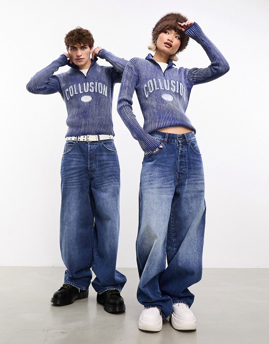 Collusion Wide Leg Baggy Jeans In Dirty Wash-blue