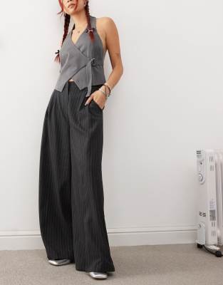 wide leg baggy tailored pants in pinstripe-Multi