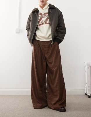 wide leg baggy tailored pants in rust check-Multi