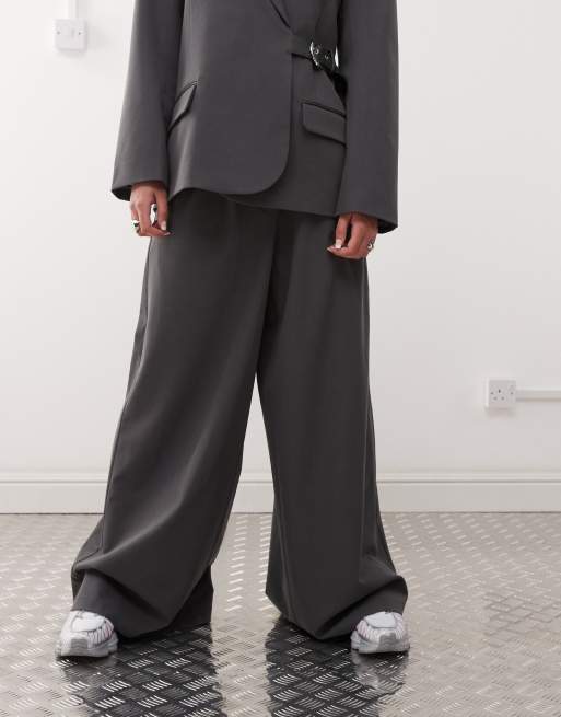 COLLUSION wide leg belt detail pants in grey (part of a set)