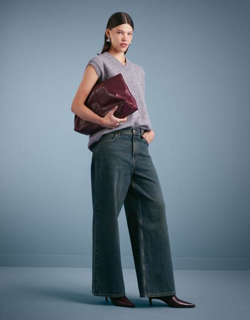 COLLUSION wide leg mid rise jeans in green wash