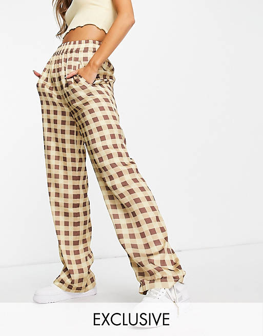 COLLUSION wide leg satin trousers in green and brown check