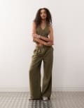 [Collusion] COLLUSION wide leg tailored pants in khaki (Part of a set)-Green 12 KHAKI