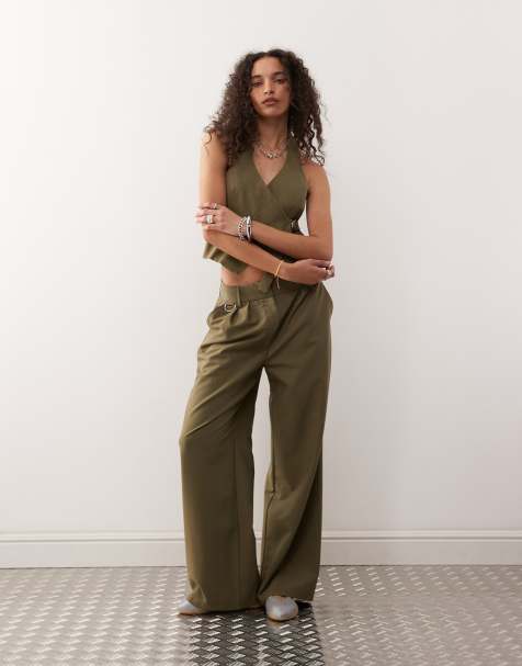 COLLUSION wide leg tailored trouser co-ord in khaki - view 1