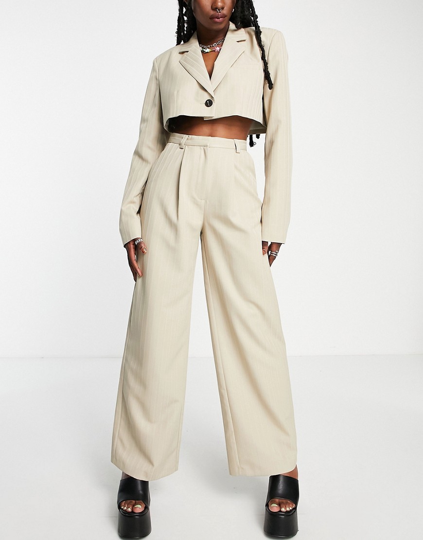 COLLUSION wide leg trouser with deep pleats in neutral stripe co-ord