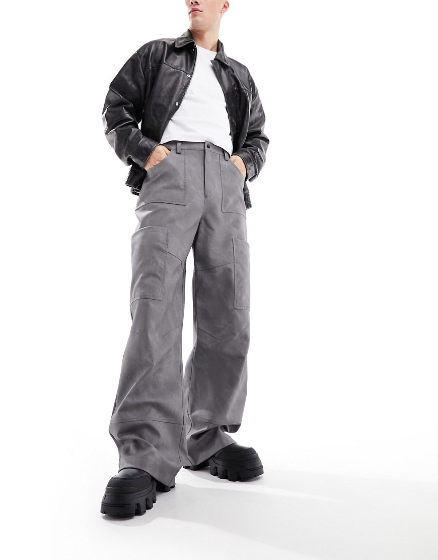 wide leg utility detail pants in leather look in gray-Black