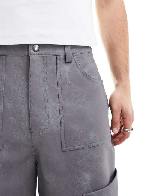 COLLUSION wide leg utility detail pants in leather look in grey, 4 of 5