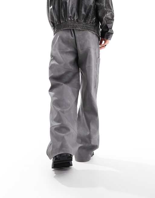 COLLUSION wide leg utility detail pants in leather look in grey, 5 of 5