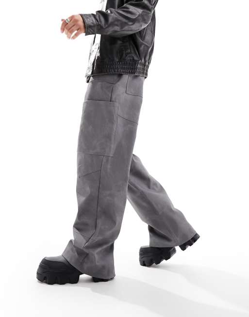 COLLUSION wide leg utility detail trouser in leather look in grey, 3 of 5