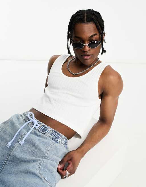 COLLUSION wide ribbed singlet in white 
