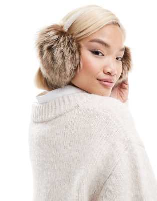 Womens faux fur ear muff in stone-Neutral