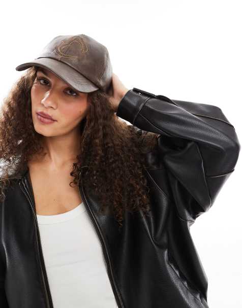 COLLUSION Women's PU baseball cap with C embroidered logo in brown wash - view 1