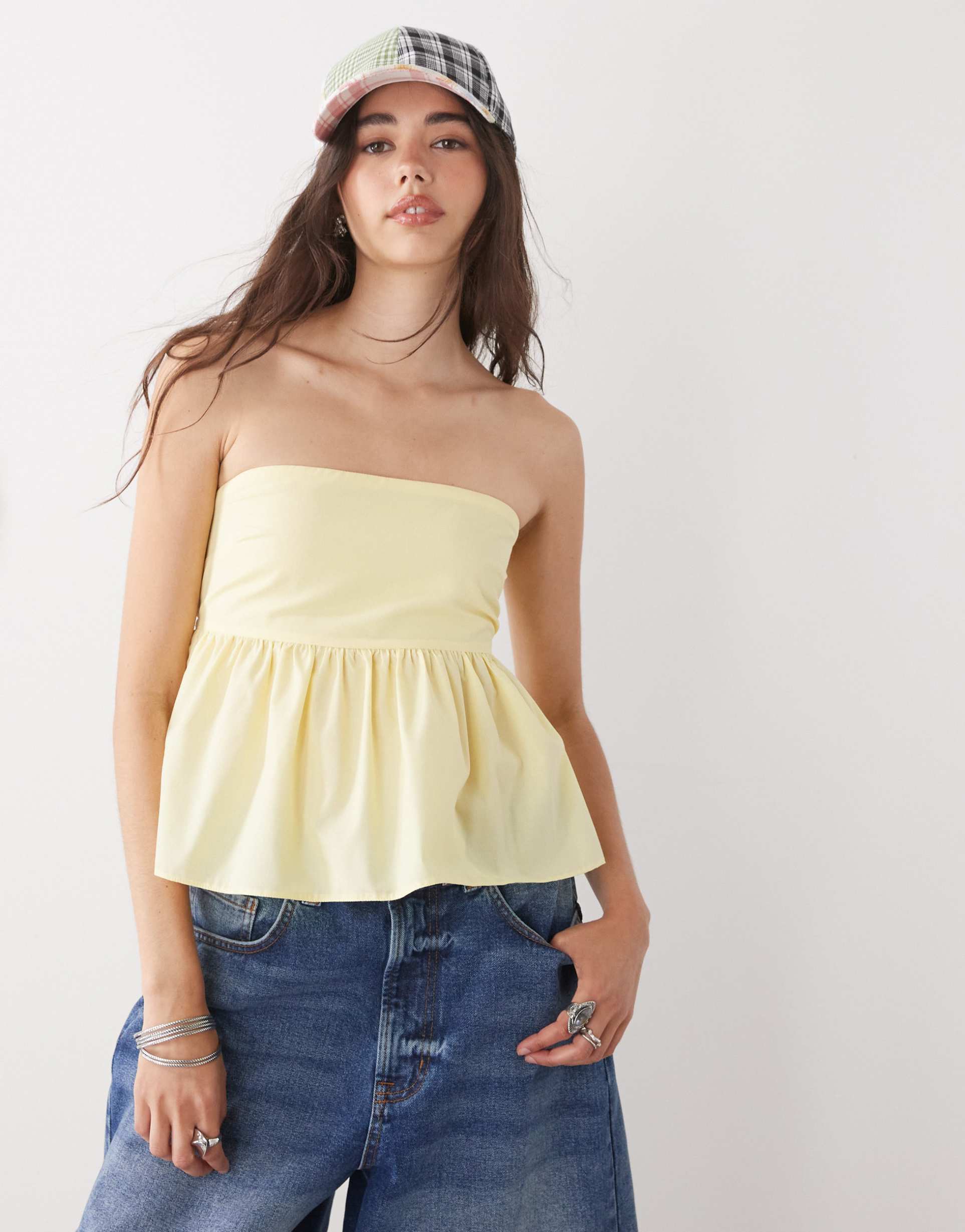 collusion woven bandeau top with shirred back in buttermilk yellow