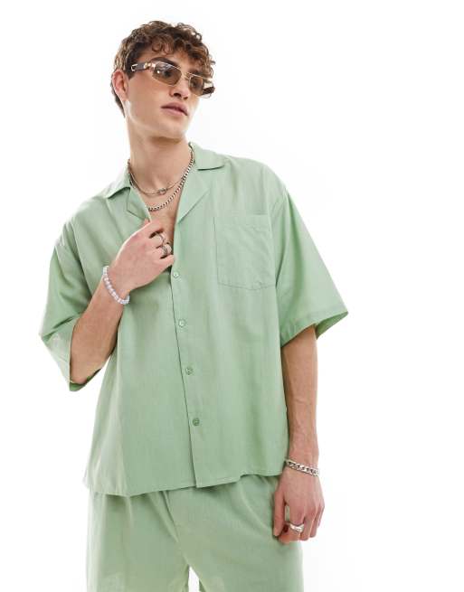 COLLUSION woven beach oversized camp collar shirt in sage green set