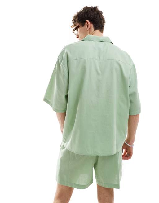COLLUSION woven beach oversized revere shirt co-ord in sage green - LGREEN, 4 of 4
