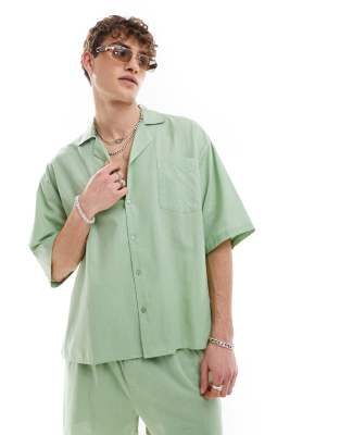 COLLUSION woven beach oversized revere shirt in sage green (part of a set)