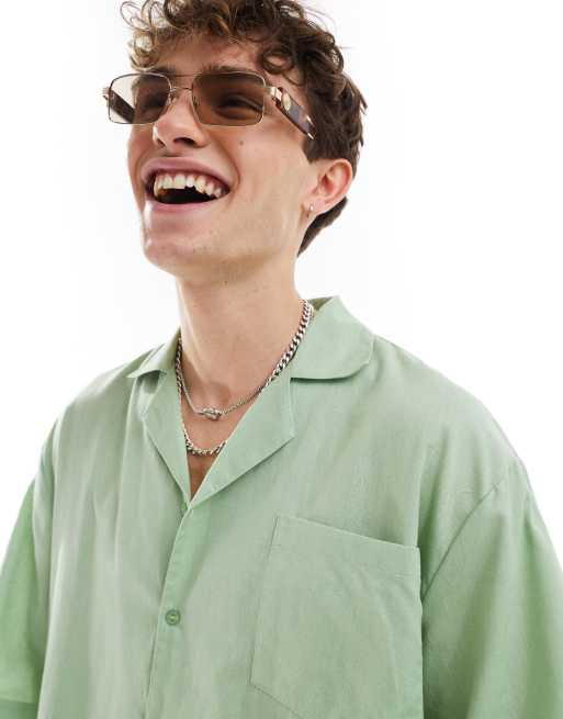 COLLUSION woven beach oversized revere shirt in sage green (part of a set), 2 of 4