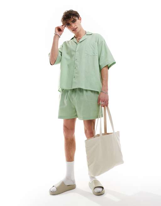 COLLUSION woven beach oversized revere shirt in sage green (part of a set), 3 of 4