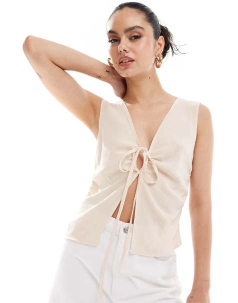COLLUSION woven built up tank top with tie detail in cream - CREAM - view 1