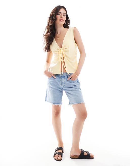 COLLUSION woven built up vest top with tie detail in butter yellow, 3 of 4