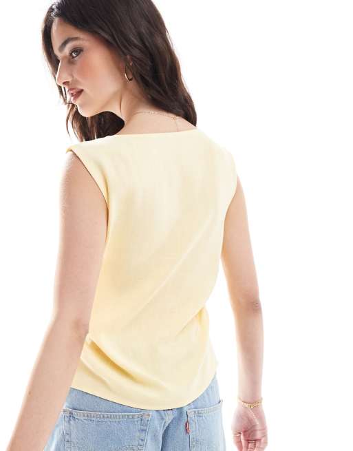 COLLUSION woven built up vest top with tie detail in butter yellow, 4 of 4