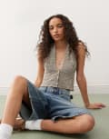 [Collusion] COLLUSION woven halter neck gingham top in buttermilk yellow XS Buttermilk
