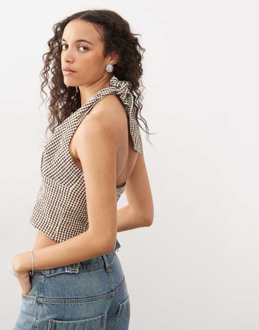 COLLUSION woven halter neck gingham top in buttermilk yellow, 3 of 4