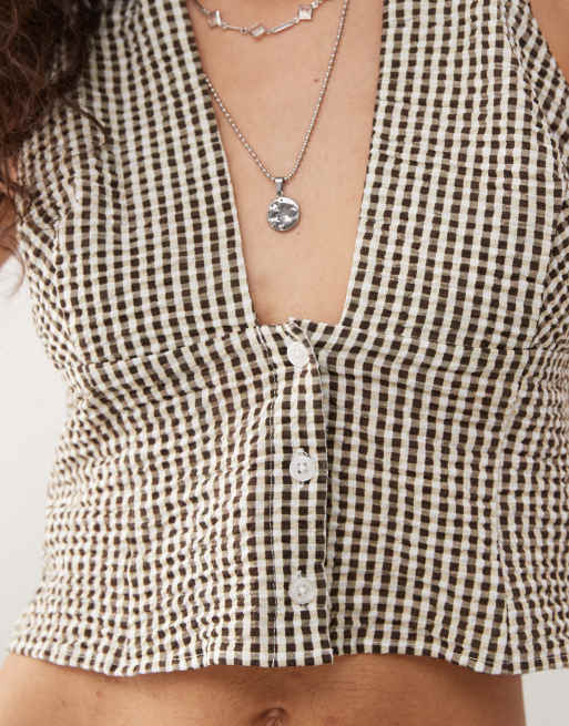 COLLUSION woven halter neck gingham top in buttermilk yellow, 4 of 4