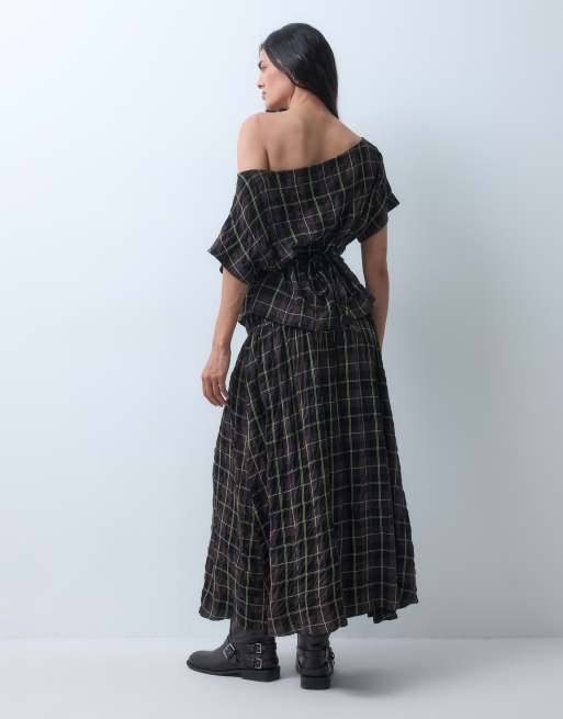COLLUSION woven maxi skirt in brown check, 2 of 5