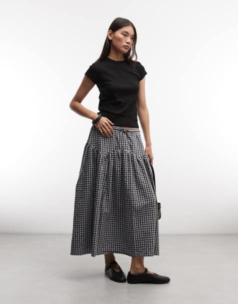 COLLUSION woven midi skirt with tie detail in grey check - view 1